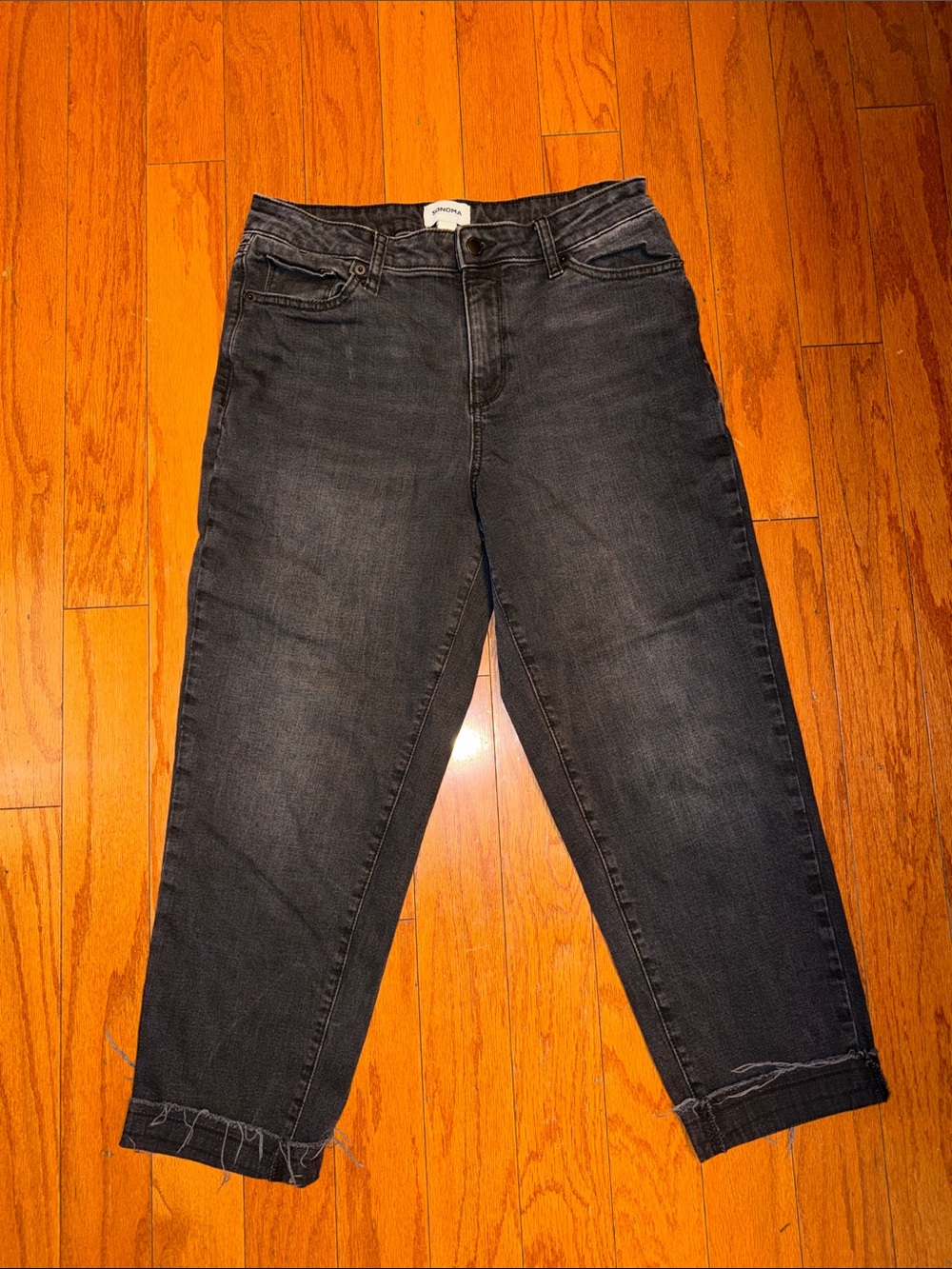 Sonoma Mid Rise Slim Ankle Jeans Washed Black Raw Hem Stretch Denim
